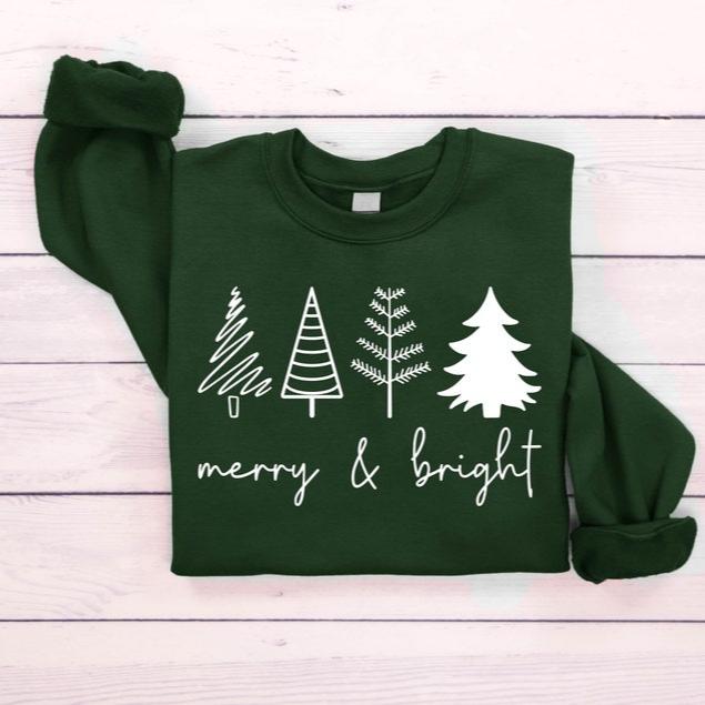 Merry & Bright Christmas Trees Sweatshirt, Christmas Sweatshirt, Holiday Sweater, Womens Holiday Sweatshirt, Christmas Shirt, Winter Shirt