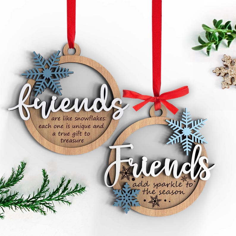 Set Of 2 Friends Christmas Ornaments | Wooden tree decor | Laser-Ready Cut Ornament