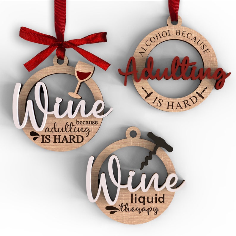 Set Of 3 Wine because adulting is hard | Alcohol car charms bundle | Christmas tree ornament