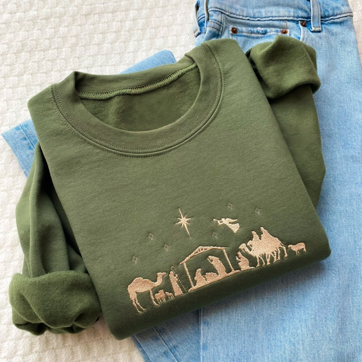 Christmas Nativity Sweatshirt, Embroidered Sweatshirt, Christian Jesus Shirt, Winter Party Sweatshirt