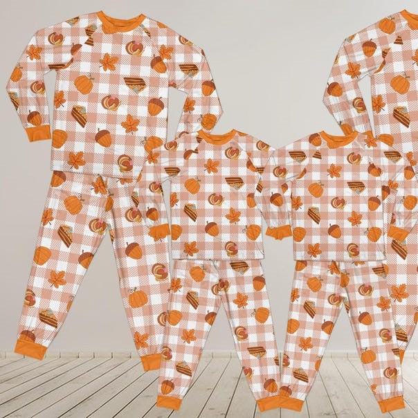 Thanksgiving Pumpkin Pies Long Sleeve Two Piece Pajama, Cozy Season Family Pajamas Set, Pumpkins Fallen Leave Plaid Pajamas, Loungewear Set