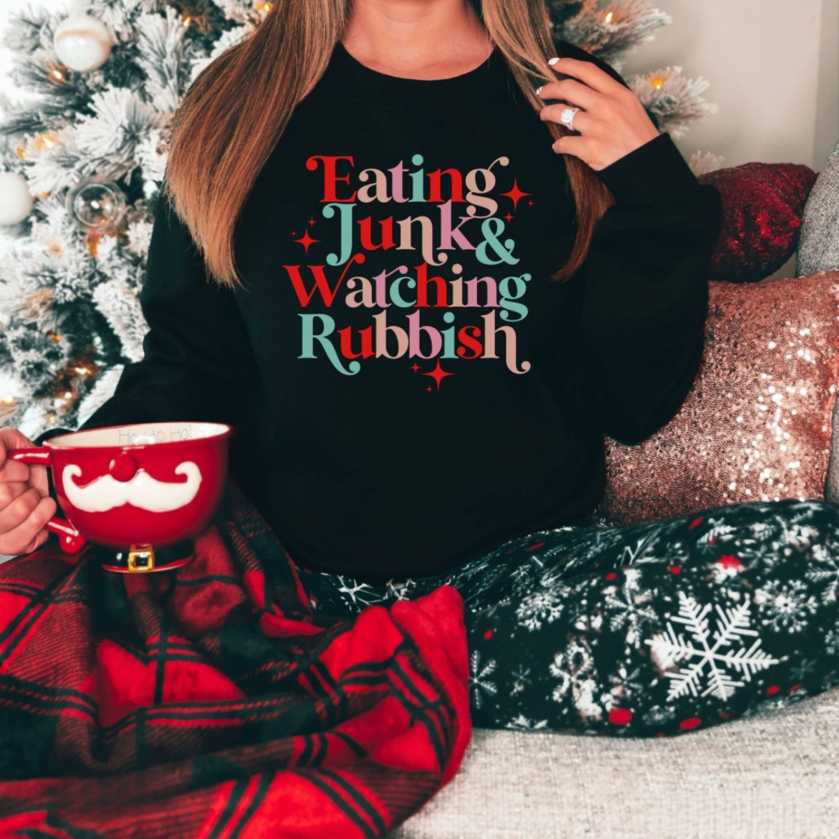 Eating Junk and Watching Rubbish Christmas Sweatshirt, Christmas Movie Shirt, Matching Christmas Shirts, Ugly Christmas Sweater, Movie Quote