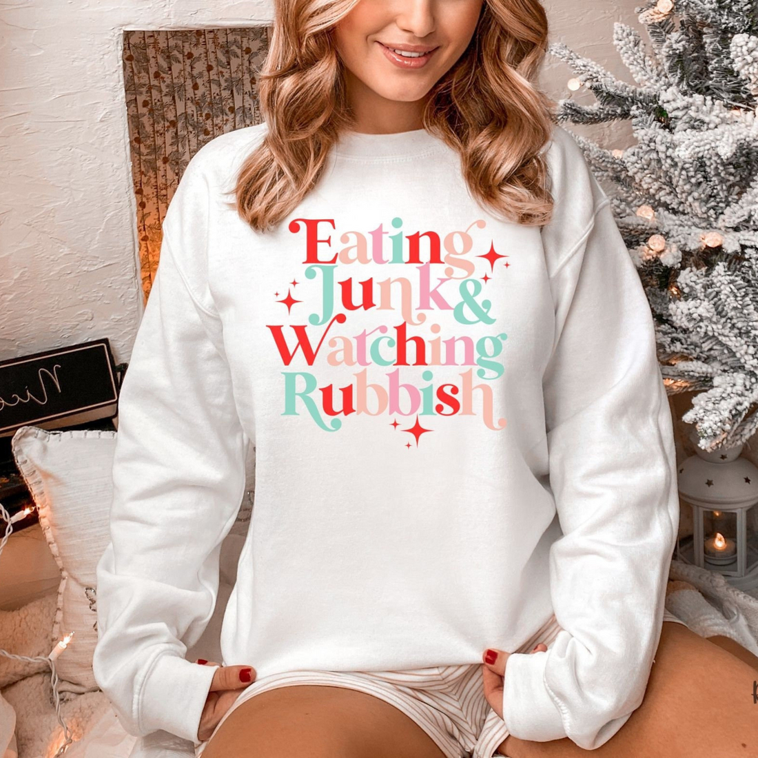 Eating Junk and Watching Rubbish Christmas Sweatshirt, Christmas Movie Shirt, Matching Christmas Shirts, Ugly Christmas Sweater, Movie Quote