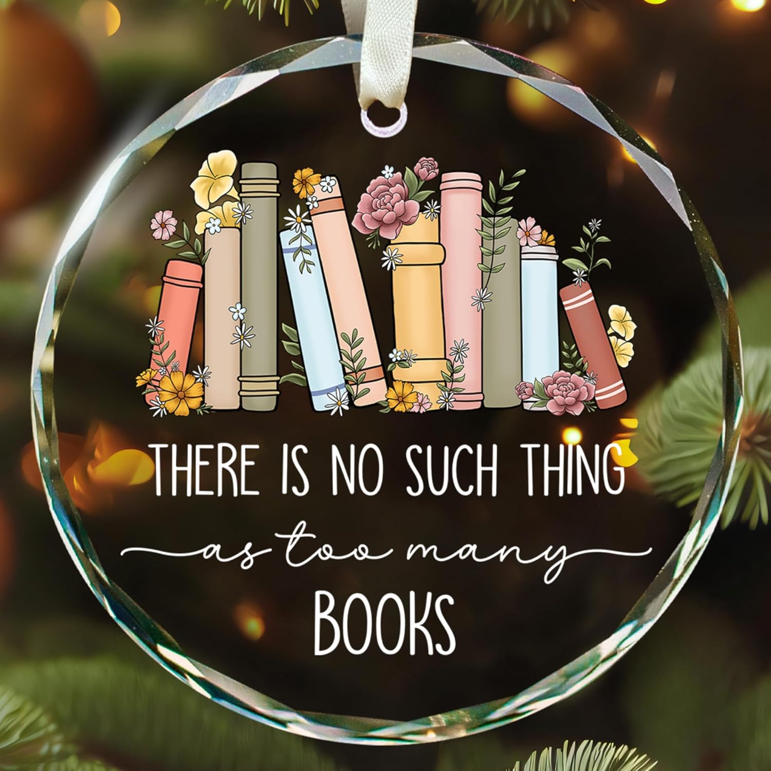 There Is No Such Thing Too Many As Books, Christmas Crytal Ornament Gift For Book Lovers