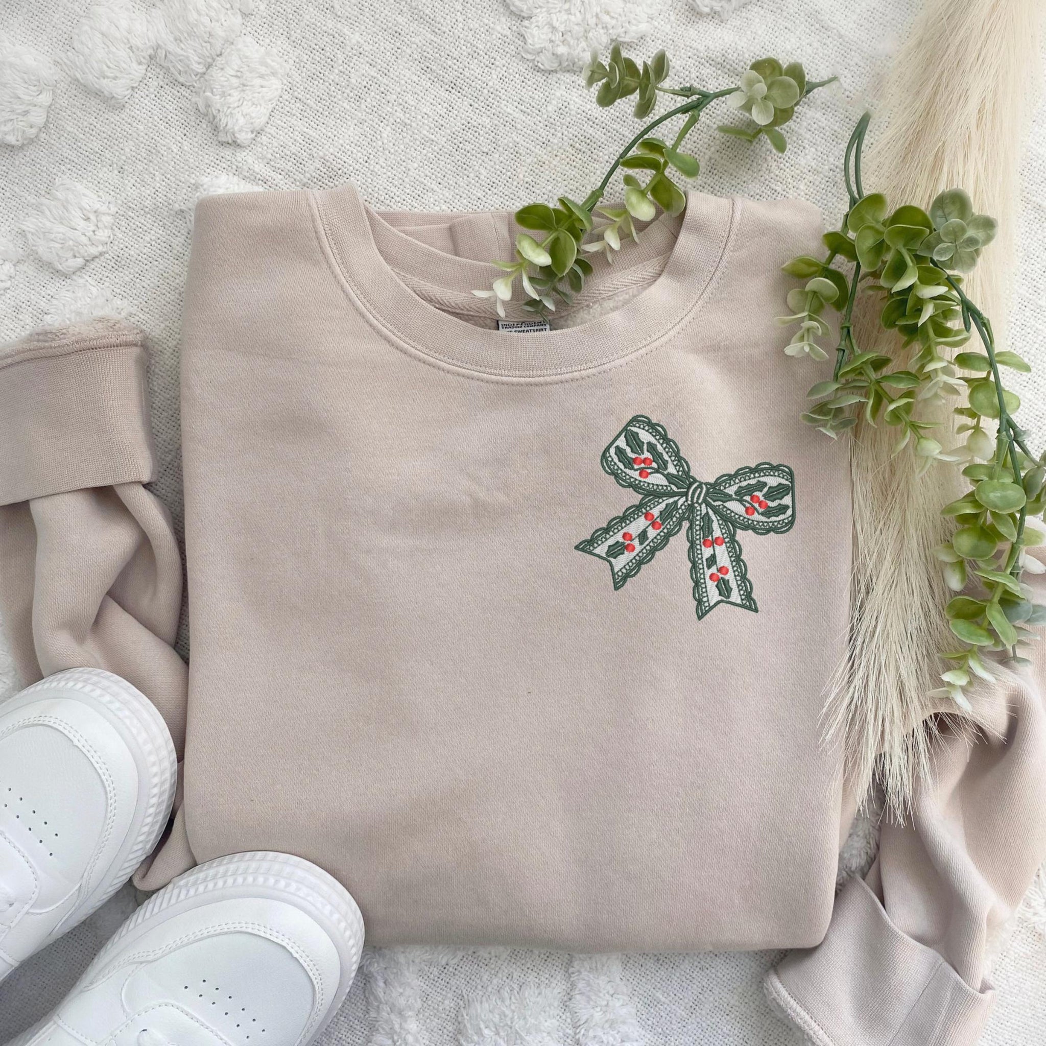 Embroidered Lacy Holly and Berries Bow Crewneck Sweatshirt, High Quality Pigment Dyed Holiday Pullover, Vintage Coquette Christmas Sweater