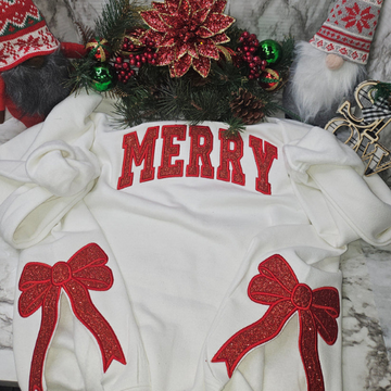 Merry Side Bow Cut-Out Sweatshirt, Glitter Applique Christmas Sweatshirt, Trendy Coquette Bow, Side Bow Sweatshirt