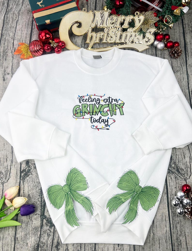 Feeling extra Gr!nchy today Side Bow Cut-Out embroidered Sweatshirt, Plaid Christmas Pullover,Trendy Coquette Bow, Side Bow Xmas Sweatshirt