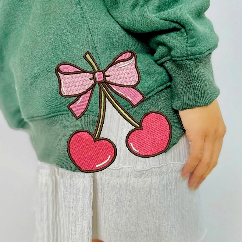 cherry heart pink coquette side bow sweatshirt retro pink lover sweater bow applique pink girl gifts