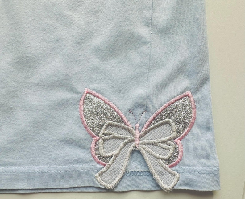 Small Butterfly Wings side Bow double 2 layers Applique machine embroidery Sweatshirt, Giltter Bow T-shirt, Girly Coquette Shirt,