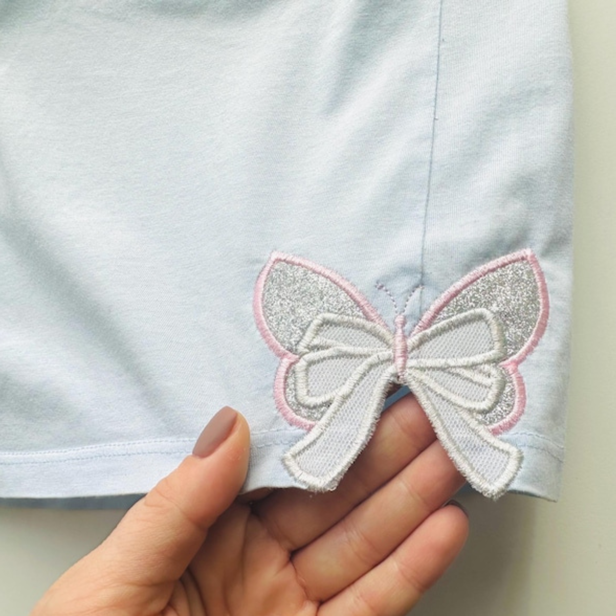 Small Butterfly Wings side Bow double 2 layers Applique machine embroidery Sweatshirt, Giltter Bow T-shirt, Girly Coquette Shirt,