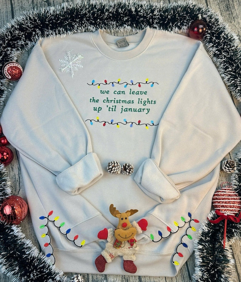 we can leave the christmas lights up til january sweatshirt embroidered christmas lights cut hem sweatshirt side bow appliqu sweatshirt