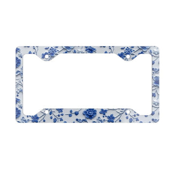 Blue and White Floral Metal License Plate Frame, Chinoiseries License Plate Frame, Car Accessories, 3D Effect