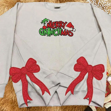 Grinch Side Bow Applique embroidered Sweatshirt, Christmas Bow Embellished Sweatshirt, Side Bow Cut-Out Sweatshirt, gift christmas