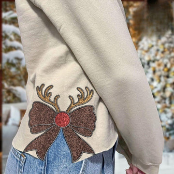 Christmas Reindeer Cut Out Side Embroidery Sweatshirt, Side Cut Out Embroidery Sweatshirt, Bow Appliqu Embroidery Sweatshirt