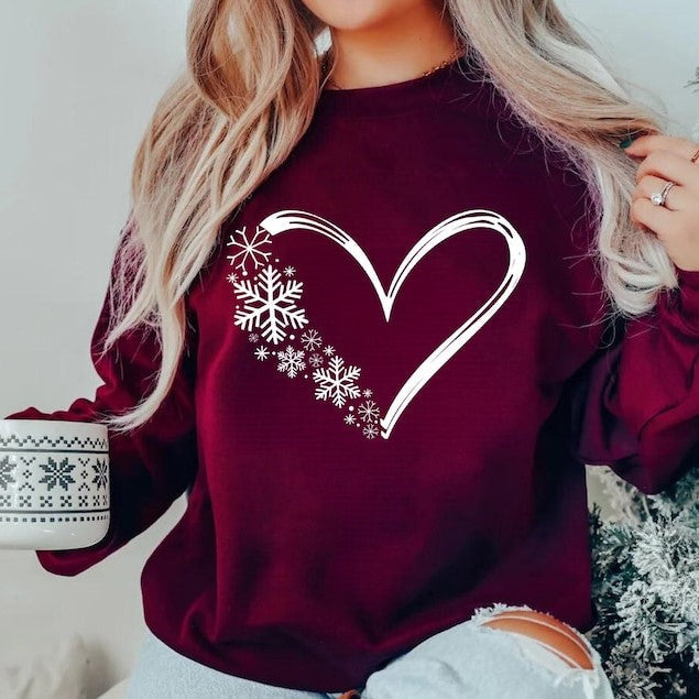 Snowflake Sweatshirt, Christmas Sweatshirt, Women Holiday Shirt, Snow Flake Heart Sweater, Snow Sweatshirt, Christmas Gift Shirt, Winter