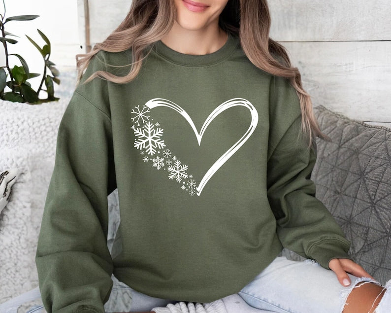 Snowflake Sweatshirt, Christmas Sweatshirt, Women Holiday Shirt, Snow Flake Heart Sweater, Snow Sweatshirt, Christmas Gift Shirt, Winter