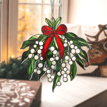 Mistletoe Suncatcher, Stained Acrylic Mistletoe Suncatcher, Mistletoe Christmas Decoration, Pearl Berries Suncatcher, Christmas Home Decor