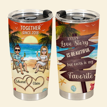 Every Love Story Is Beautiful - Personalized Tumbler- Gift For Couple, Beach, Summer Vacation