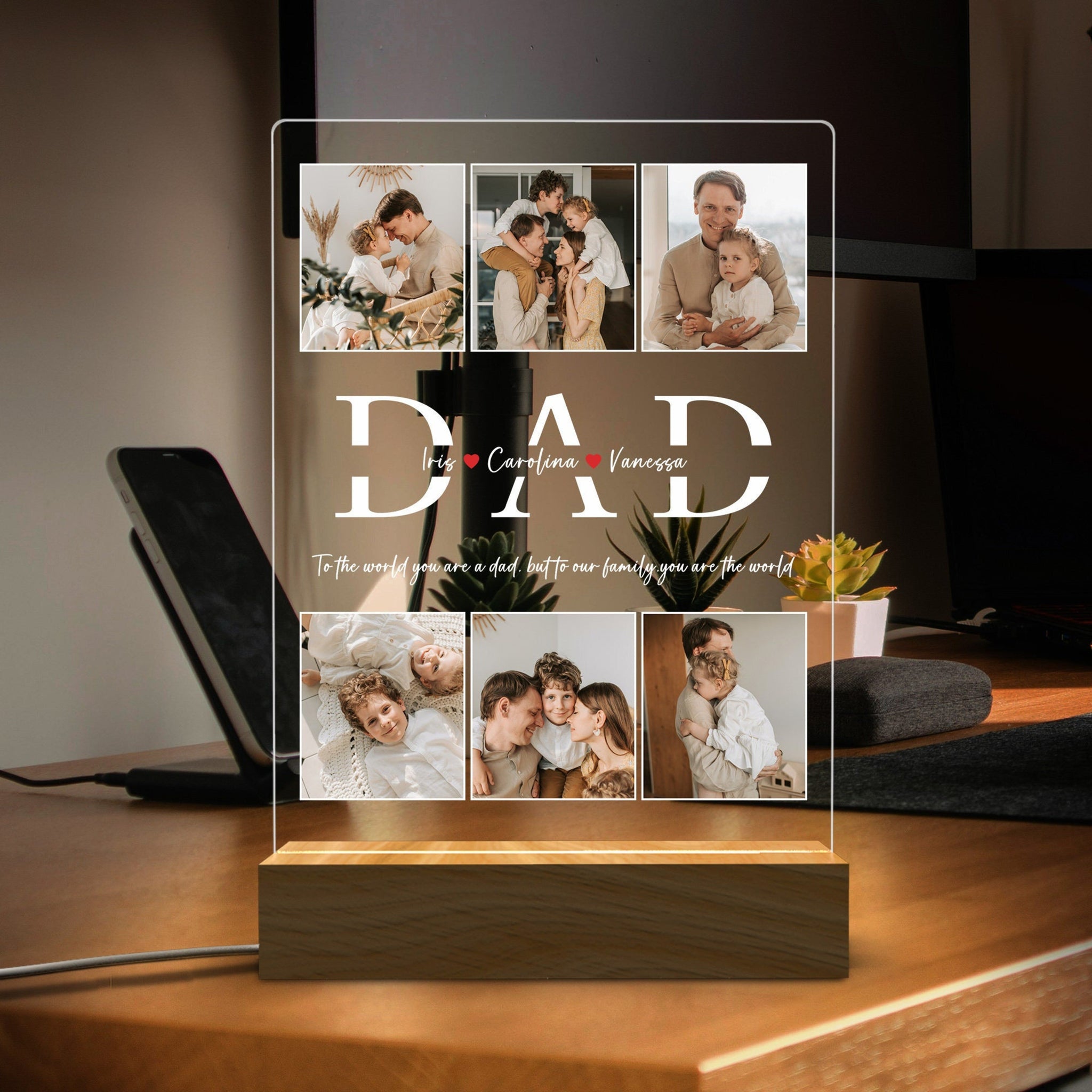 Dad To Our Family You Are The World - Personalized 3D LED Light Wooden Base - Gift For Father