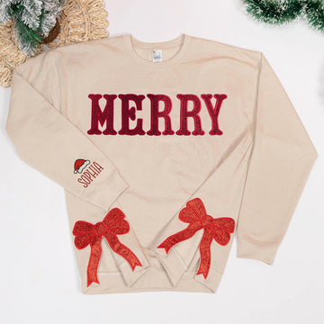 Merry Side Bow Cut-Out Sweatshirt With Glitter, Trendy Coquette Bow, Custom Side Bow Applique Christmas Sweatshirt, Merry Christmas Sweater