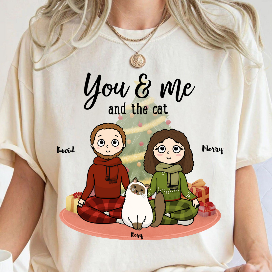 You, me & the cats Christmas Tree Personalized T Shirt Christmas Gift For Cat Lovers Custom Cat Breed Cat Dad Cat Mom Winter Season Gift