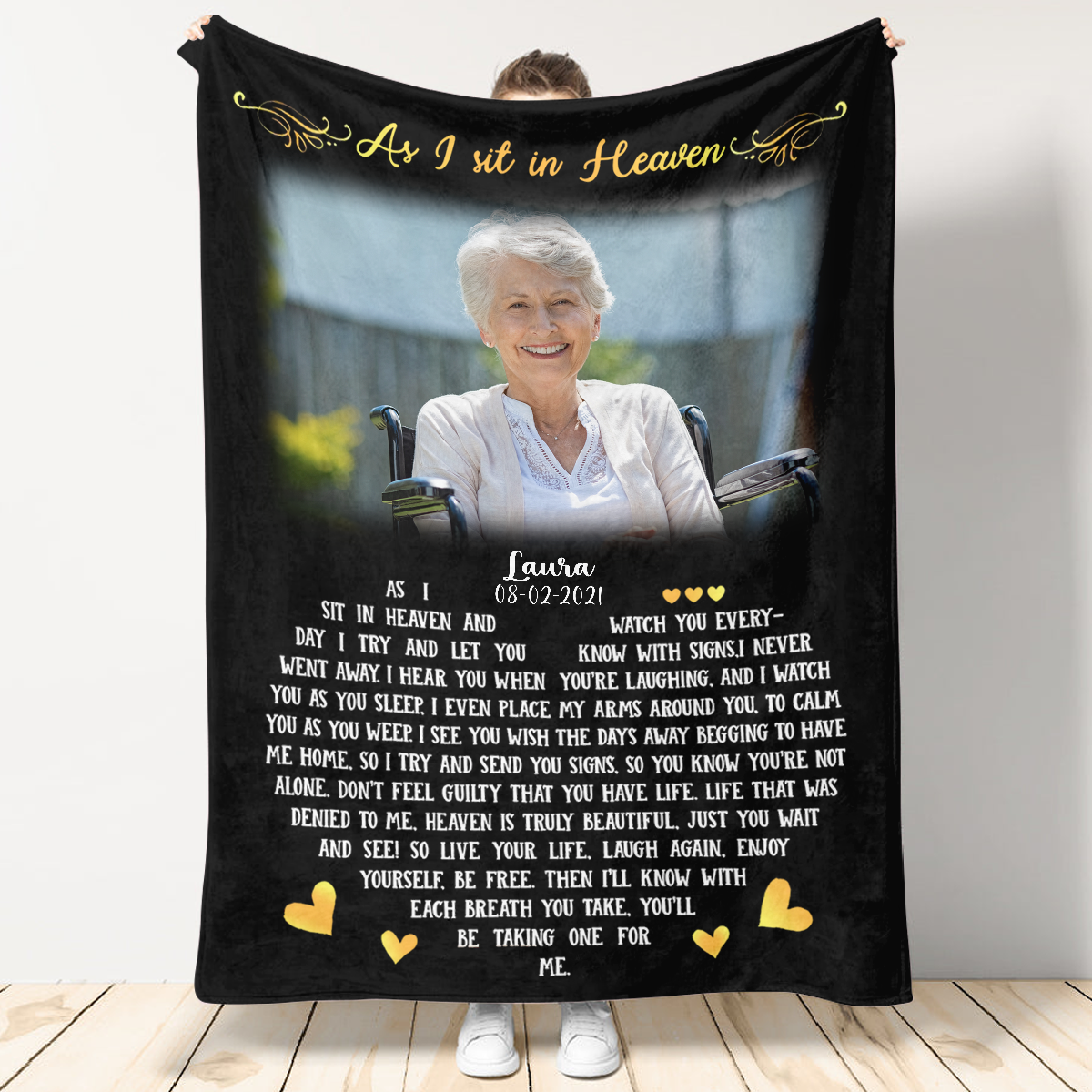 As I Sit In Heaven Black Personalized Photo Blanket Memorial