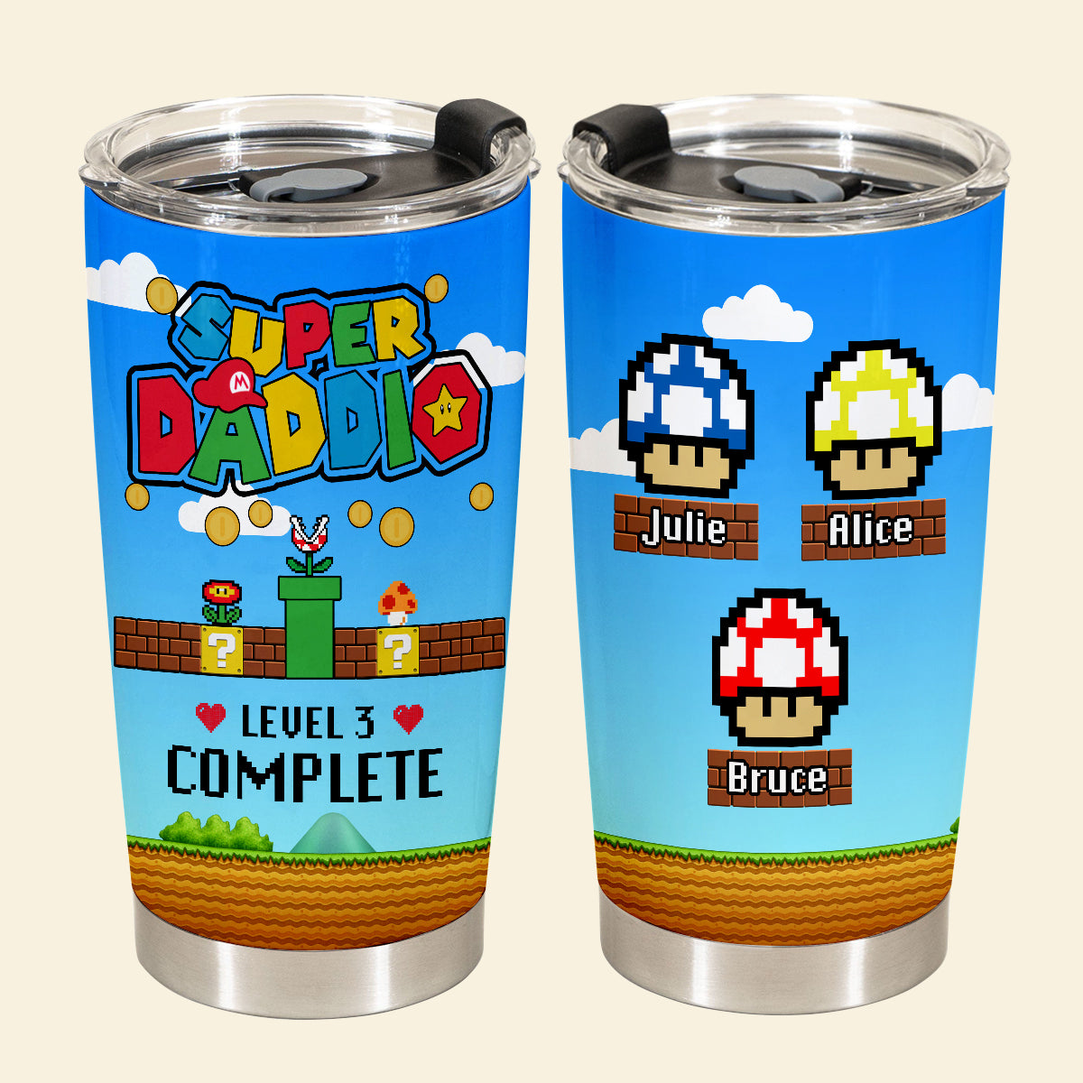 Super Daddio Level Complete Custom Mushroom - Personalized Tumbler - Gift For Father, Dad, Father's Day, Birthday Gift