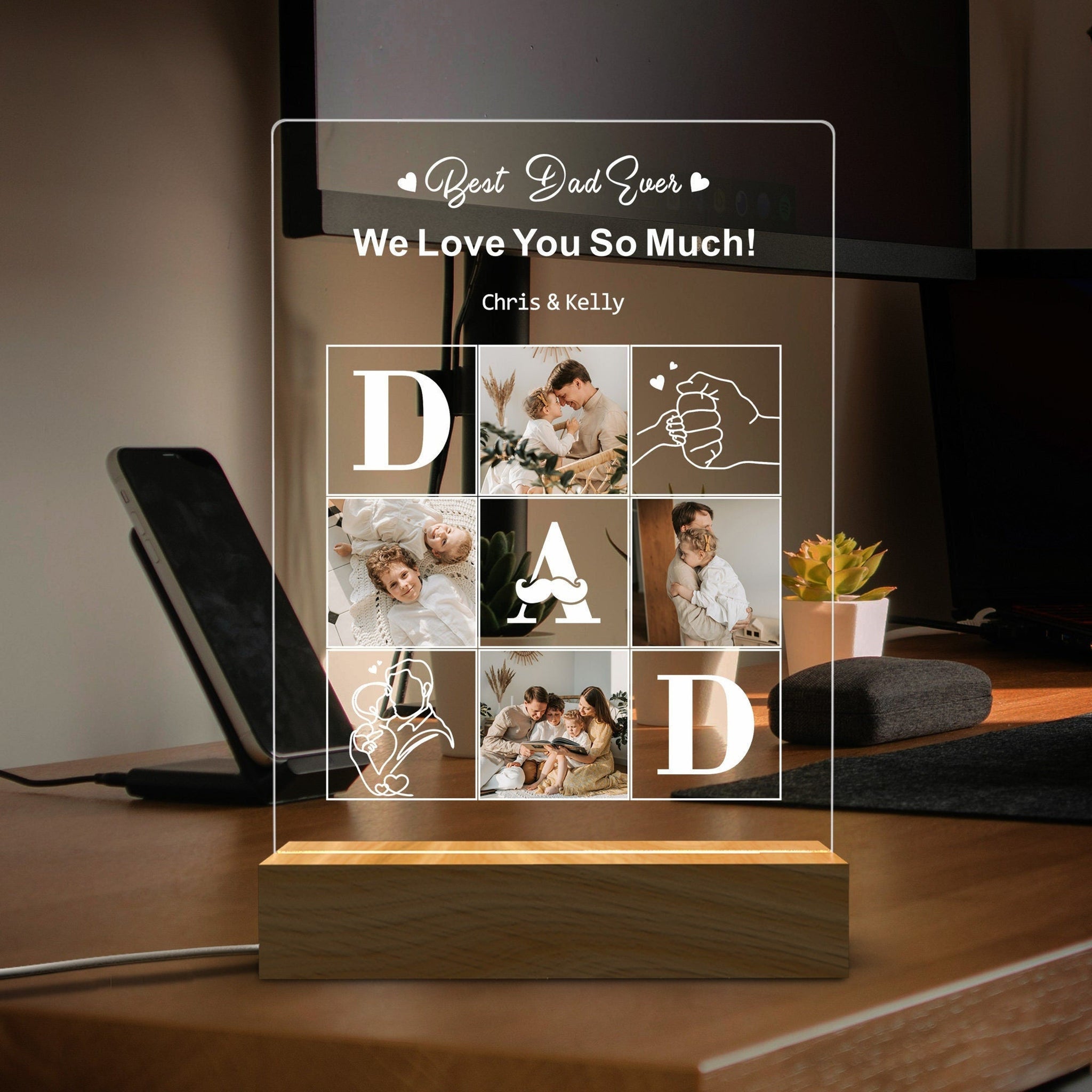 Best Dad Ever Photo Collage - Personalized 3D LED Light Wooden Base - Gift For Father