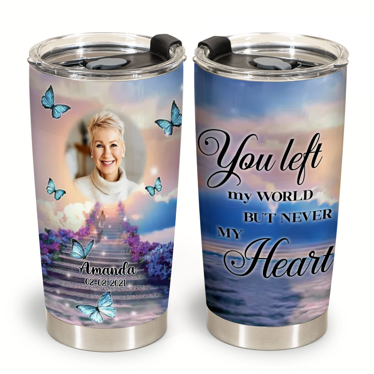 You Left My World, Butterfly Personalized Photo Tumbler Memorial