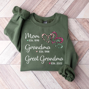 Mom Grandma Great-Grandma, Custom Grandkid names Grandma and Year Sweatshirt, Gift For Grandma