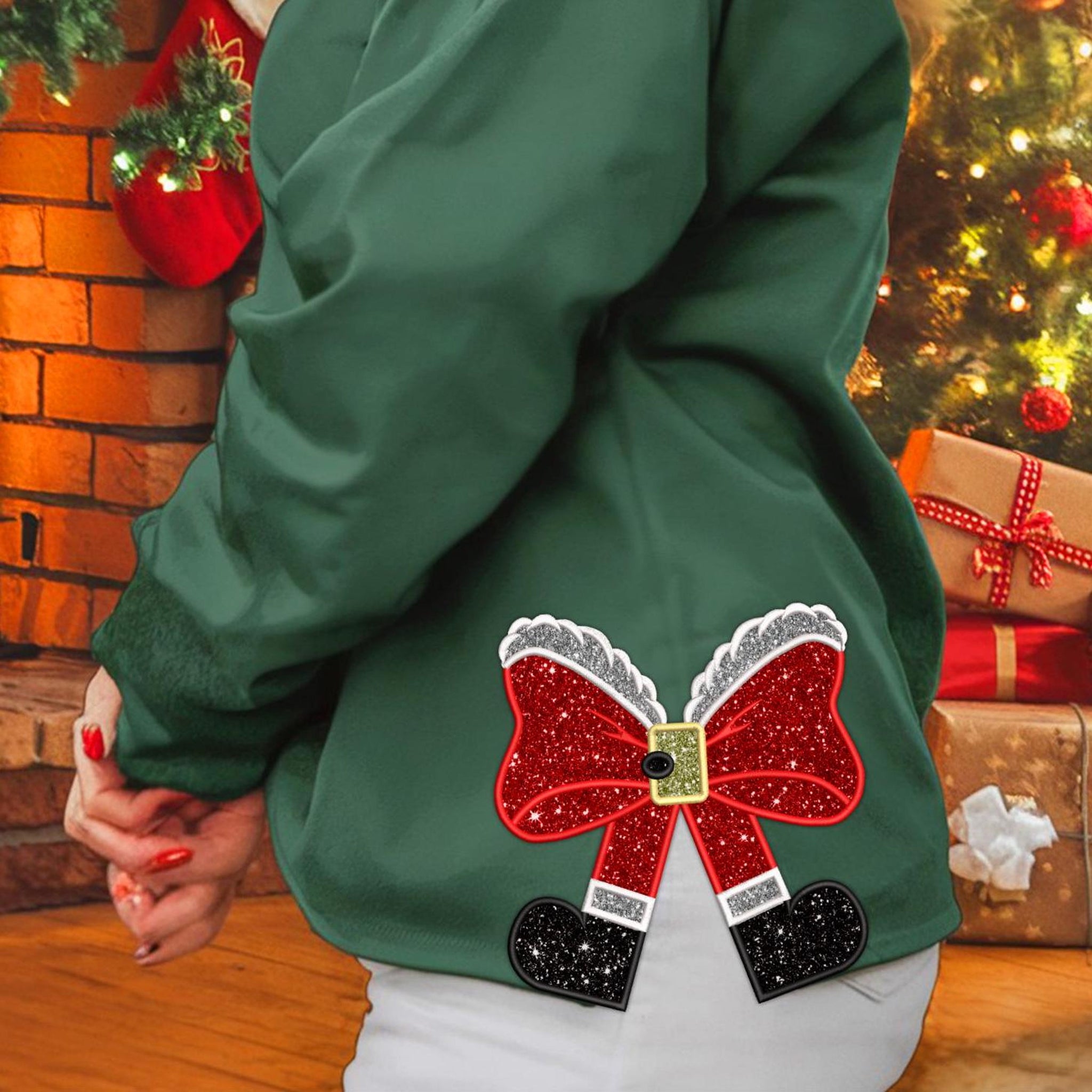 Glitter Bow Christmas, Side Bow Applique Embrodered Sweatshirt, Christmas Embroidery Sweatshirt