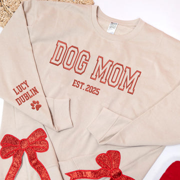 Custom Dog Mom Side Bow Cut-Out Sweatshirt With Glitter, Trendy Coquette Bow, Gift for Dog Mom, Dog Dad, Dog Mama, Dog Owner, Dog Lover Gift