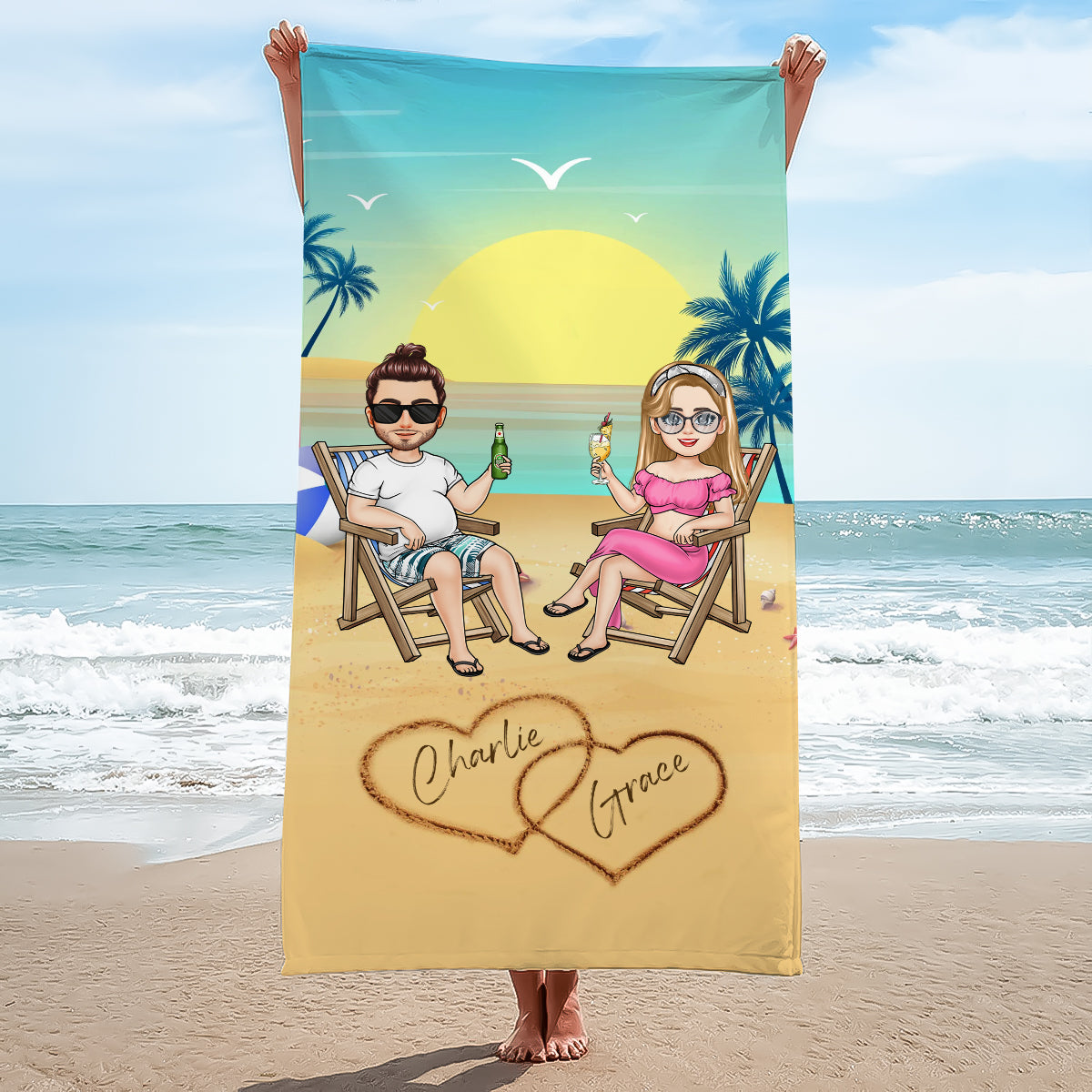 Summer Couple Sitting - Personalized Beach Towel - Gift For Couple, Summer, Beach