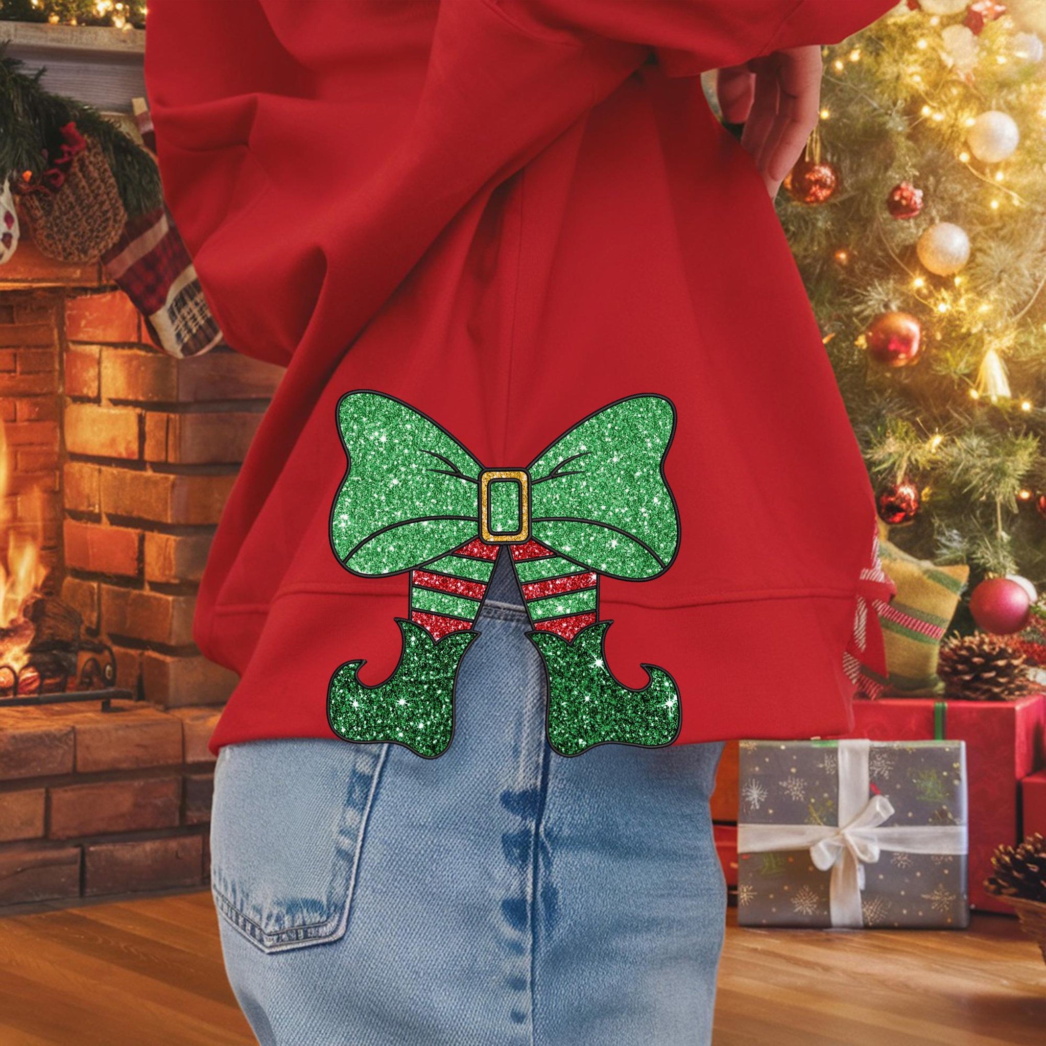 Glitter Grinch Bow Christmas, Side Bow Applique Embroidered Sweatshirt, Christmas Embroidery Sweatshirt