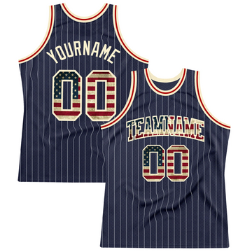 Custom Navy White Pinstripe Vintage Usa Flag Cream-Red Authentic Basketball Jersey