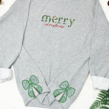 Side Bow Applique Embroidered Sweatshirt, Christmas Bow Embellished Sweatshirt, Side Bow Cut-Out Sweatshirt, Holiday Crewneck Xmas