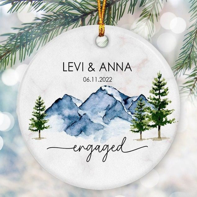 First Christmas Engaged, Personalized Ornament, Watercolor Mountain Ornament, Christmas Gift For Couple, Engagement Wedding Gifts