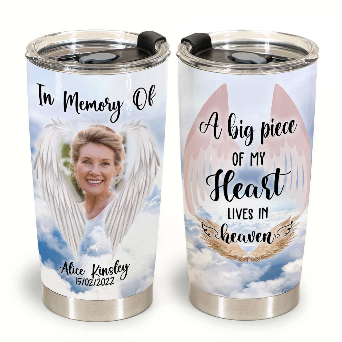 In Memory Personalized Gifts - Angel Wings A Big Piece Of My Heart - Hot Cold Tumbler Personalized