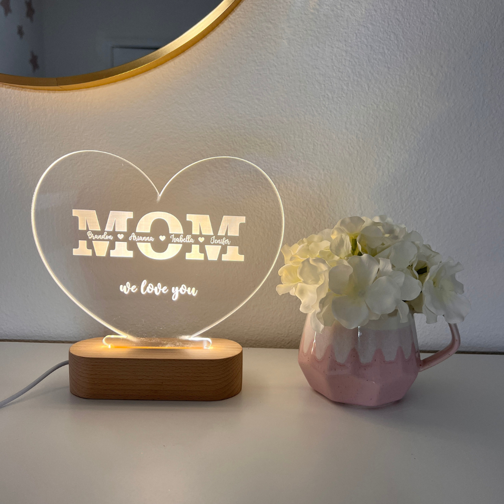 Mom We Love You Heart Shaped - Personalized 3D LED Light Wooden Base - Gift For Mother