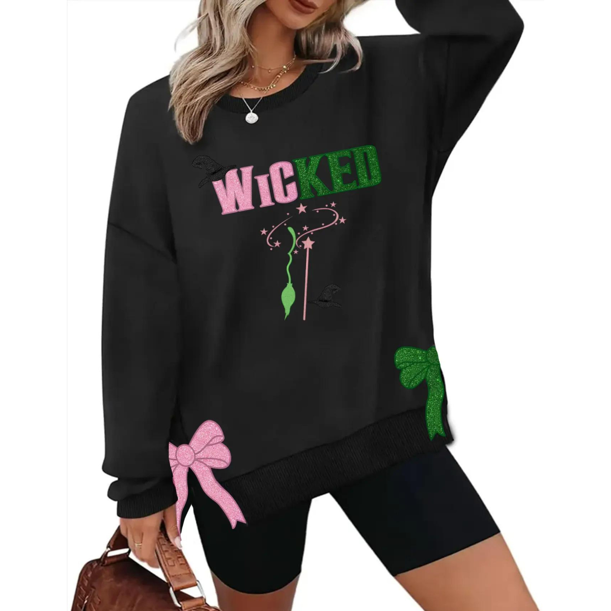 Wicked Glitter Colorful Side Bow Embroidered Sweatshirt, Magic Wand Shirt, Embroidery Christmas Shirt For Movie Fan