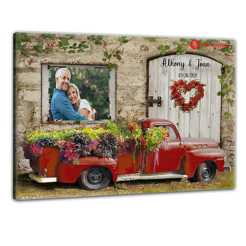 Flower Pickup Truck And Country Scene - Personalized Photo Canvas - Gift For Couple