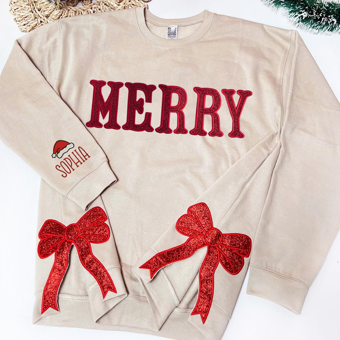 Merry Side Bow Cut-Out Sweatshirt With Glitter, Trendy Coquette Bow, Custom Side Bow Applique Christmas Sweatshirt, Merry Christmas Sweater