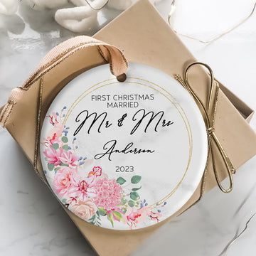 First Christmas Married Pink Flowers Wreath - Personalized Ornament - Christmas Gift