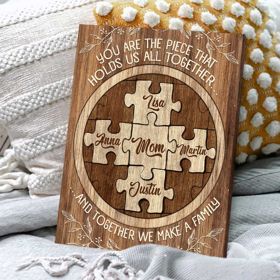 Mom Puzzle Sign With Kids Name You Are The Piece That Holds Us Together - Personalized Canvas - Gift For Mother