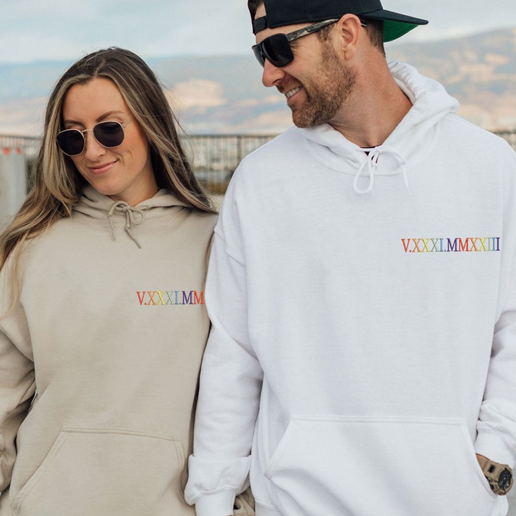 Custom Rainbow Roman Numerals - Personalized Embroidered Apparel - Gift For Couple