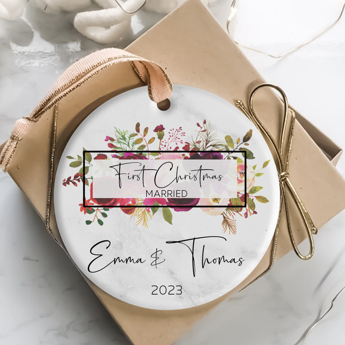 First Christmas Married Tropical Leaves - Personalized Ornament - Christmas Gift