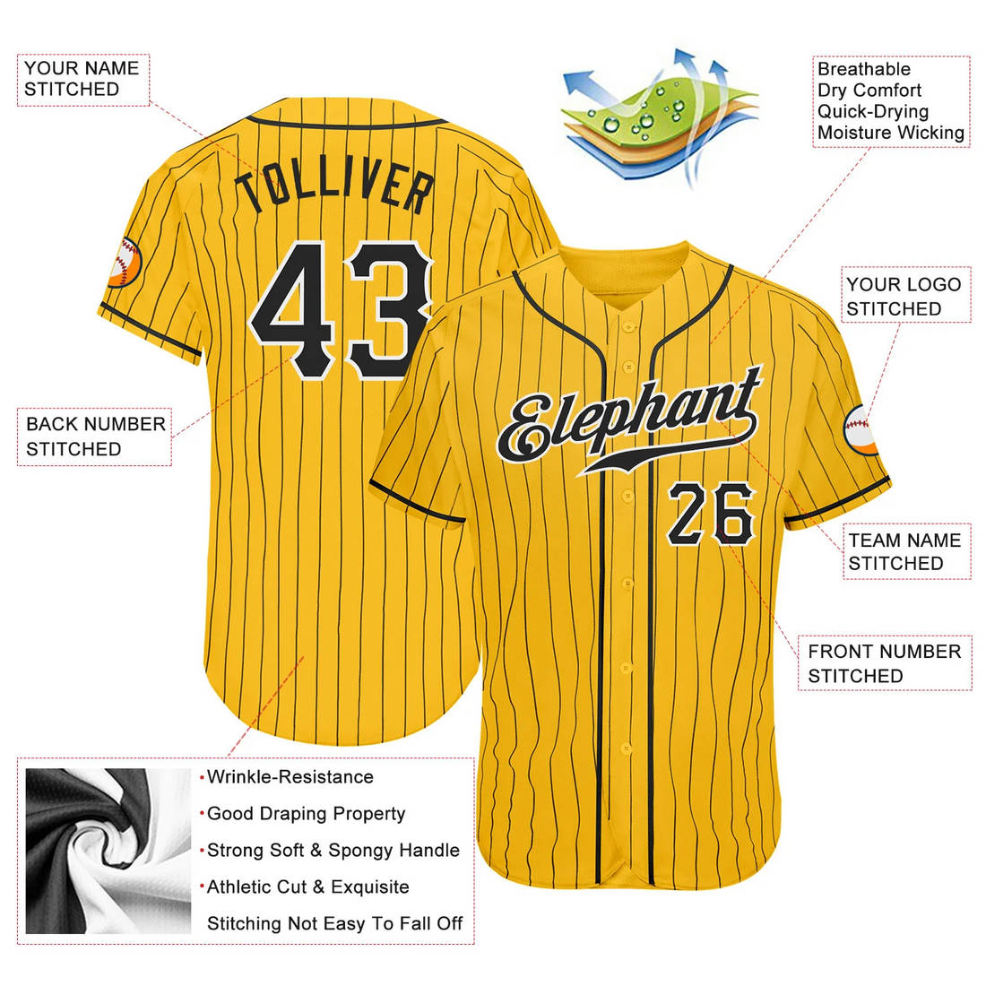 Custom Yellow Black Pinstripe Black-White Authentic Baseball Jersey