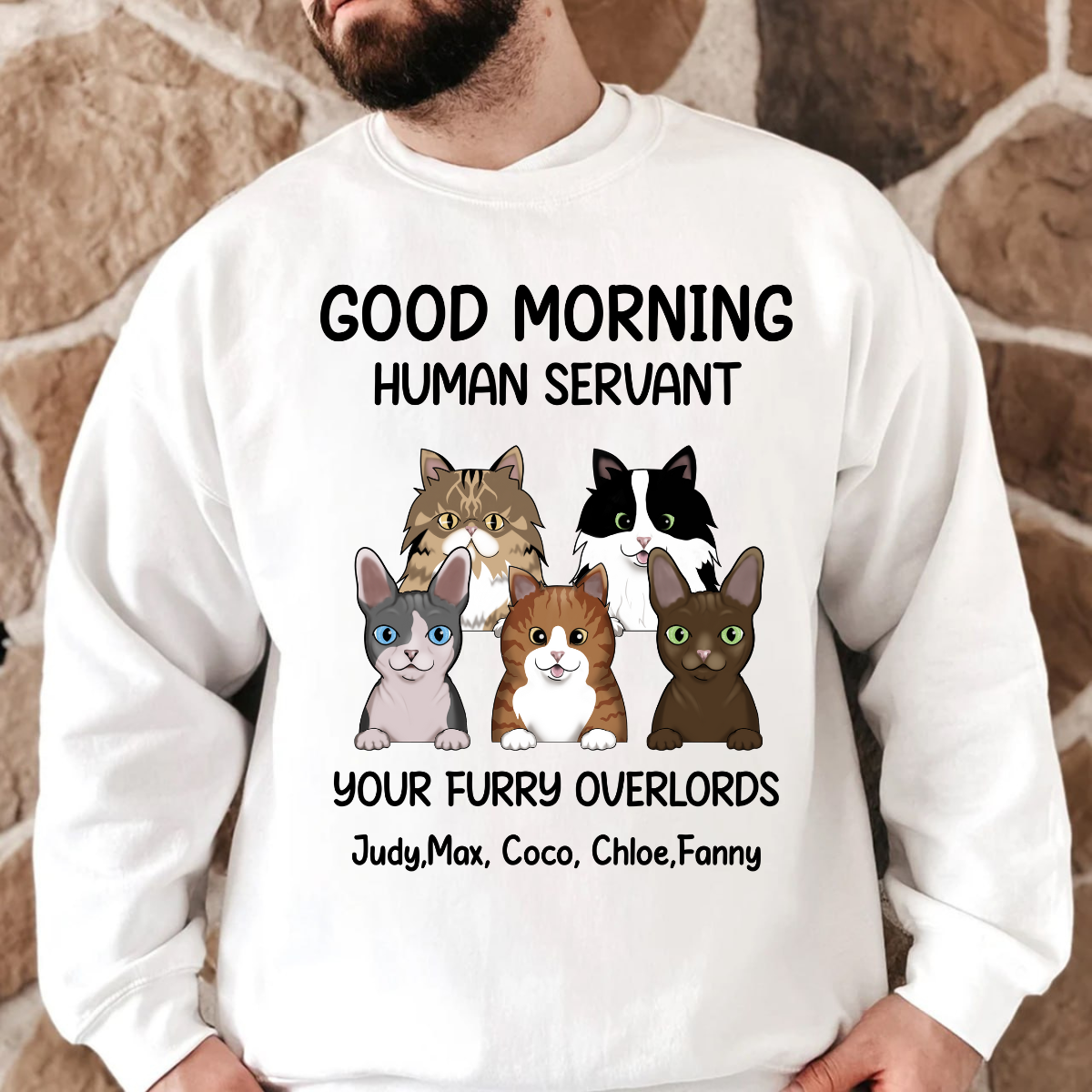 Good morning, Human Servant Your Furry Overlord Here Personalized Sweatshirt Perfect Gift For Cat Lovers Cat Mom Cat Dad