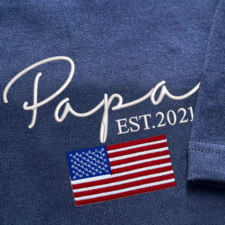 Custom Embroidered Papa Est Flag Father's Day Shirt