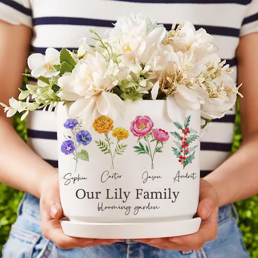 Personalized Grandma's Garden Outdoor Flower Pot With Grandkids Name and Birth Flower For Mother's Day